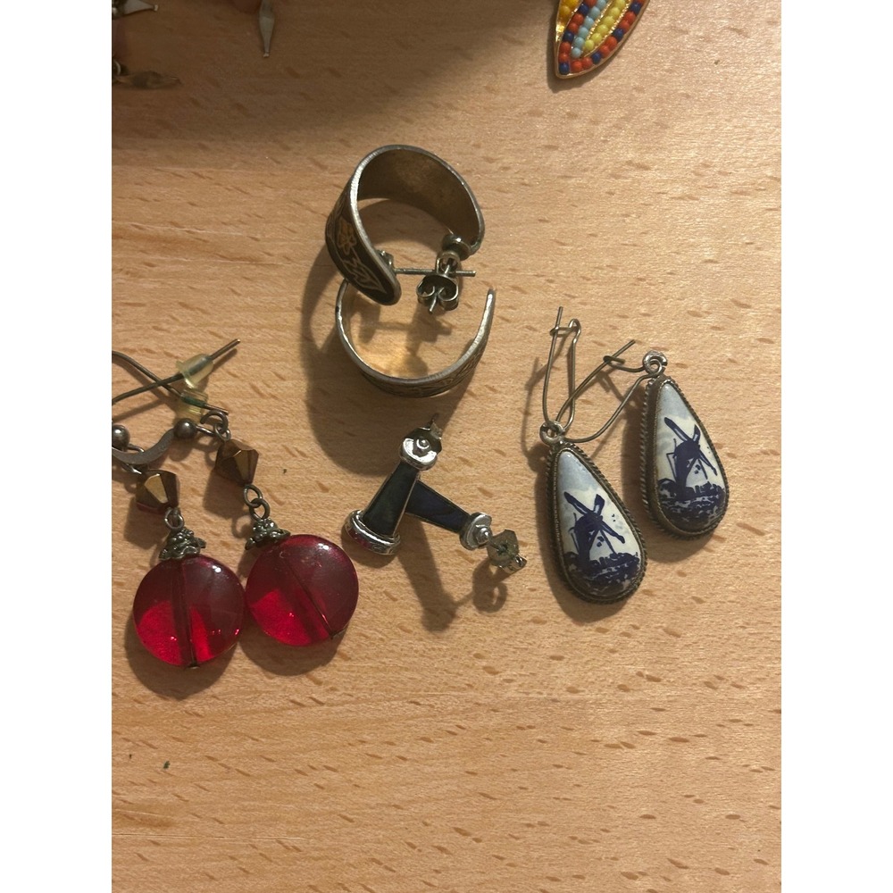 Vintage Earring Lot 4 Pairs Delft Windmill Red Bead Floral Hoops Blue Studs